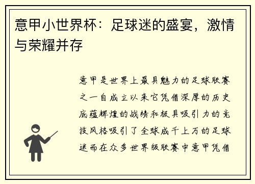 意甲小世界杯：足球迷的盛宴，激情与荣耀并存